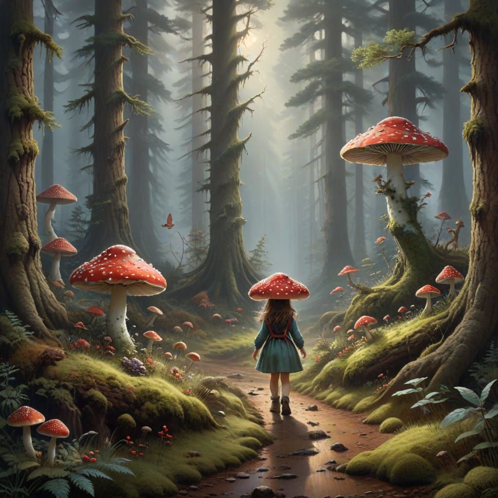 Mystical Forest Girl Walking Among Whimsical Fungi