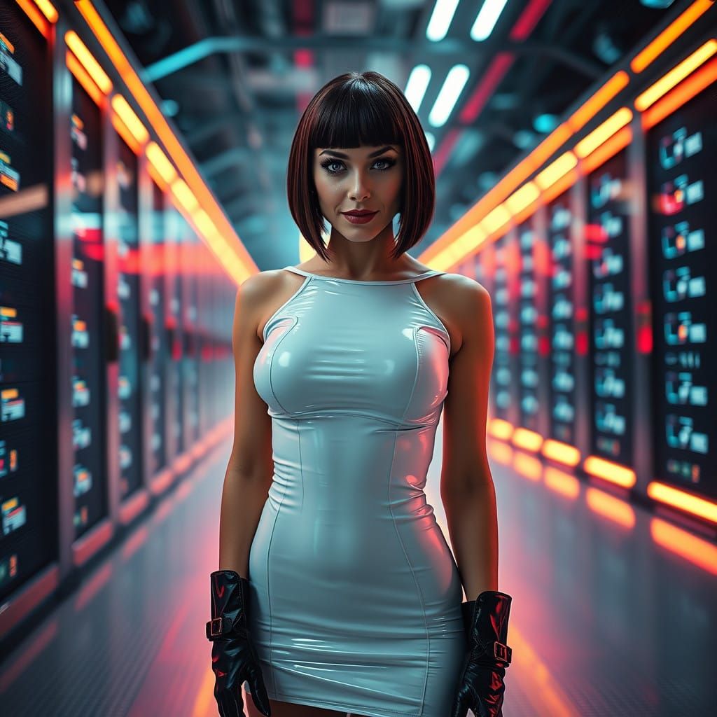 Enigmatic Cyberpunk Siren in Neon-Lit Data Center
