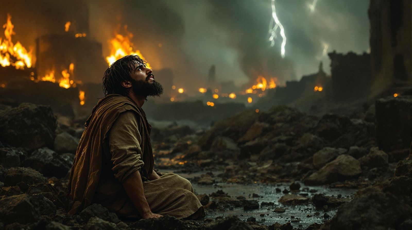 Isaiah Kneels in Despair Amidst Ancient Ruins