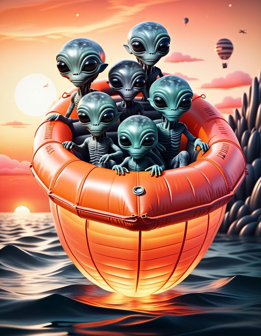 Aliens in Lifeboat at Sunset: Hyperrealistic Charcoal Drawin...