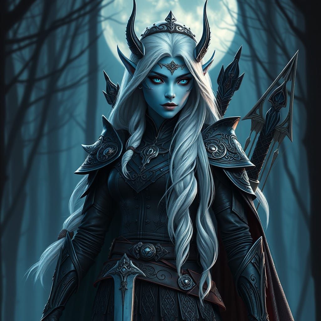 Ethereal Dark Elf Maiden in Moonlit Forest with Longsword an...
