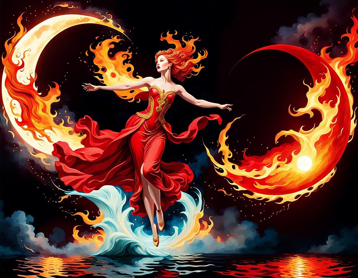 Flaming Fire Woman Enters Red Moon in Rococo Style