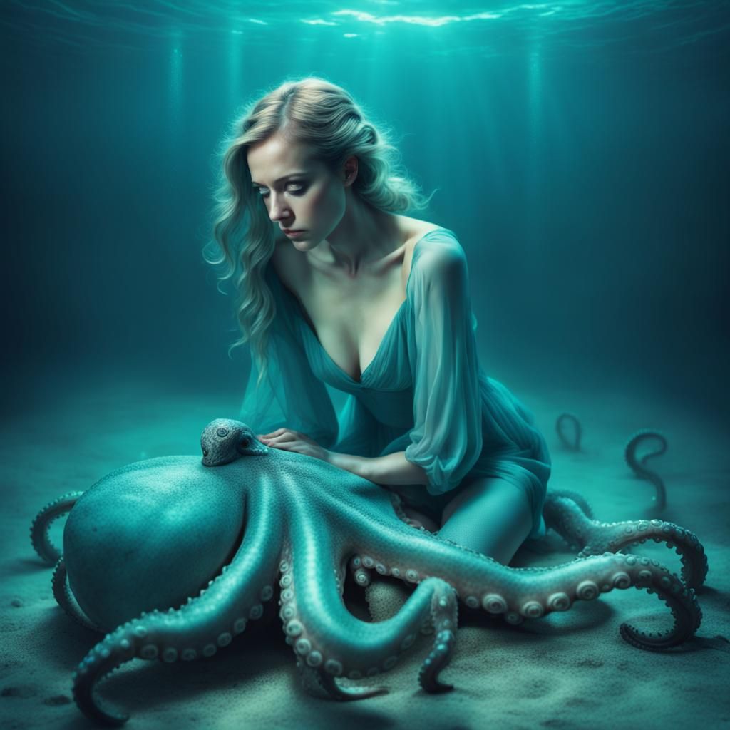 Renaissance Woman with Octopus in Teal Depths