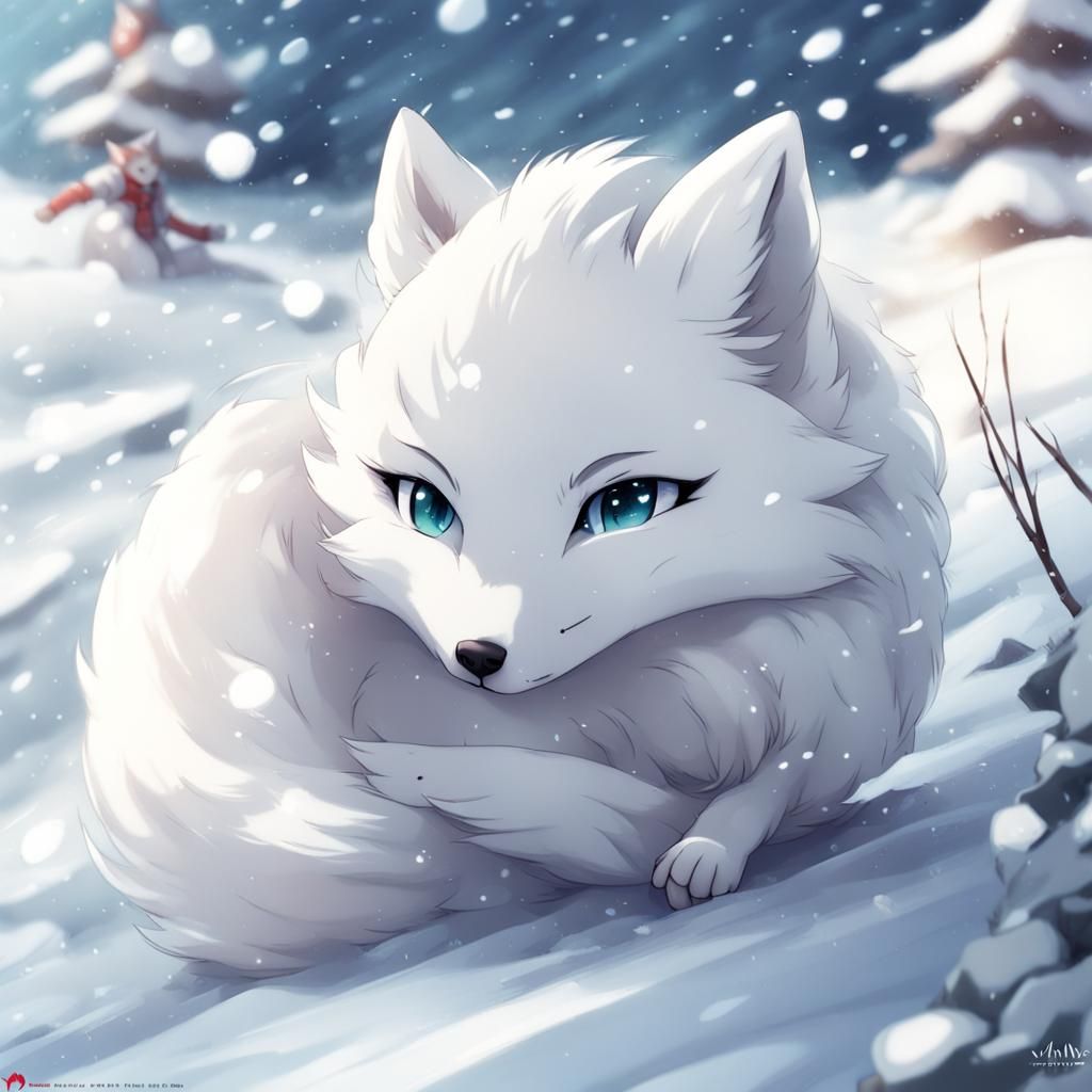 Arctic Fox Frolics in Snow: Anime-Inspired Art