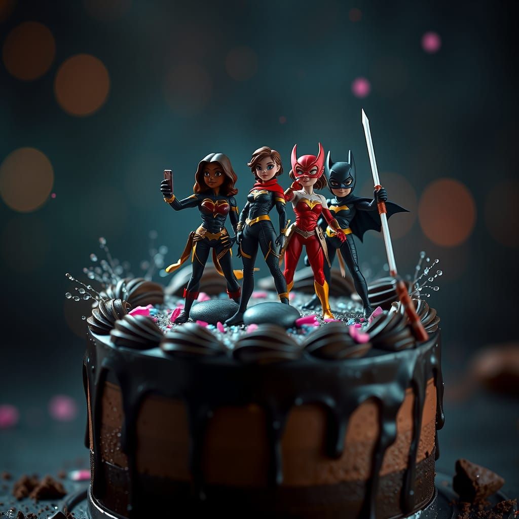 Superheroines Selfie on Chocolate Cake, Detailed Matte Paint...