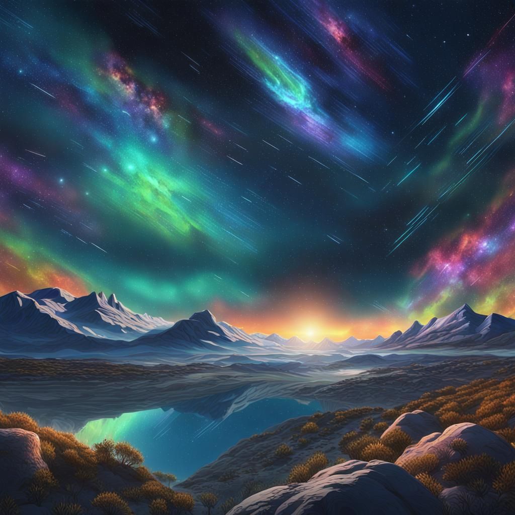 Spectacular Night Sky with Aurora Borealis, Astral Illustrat...