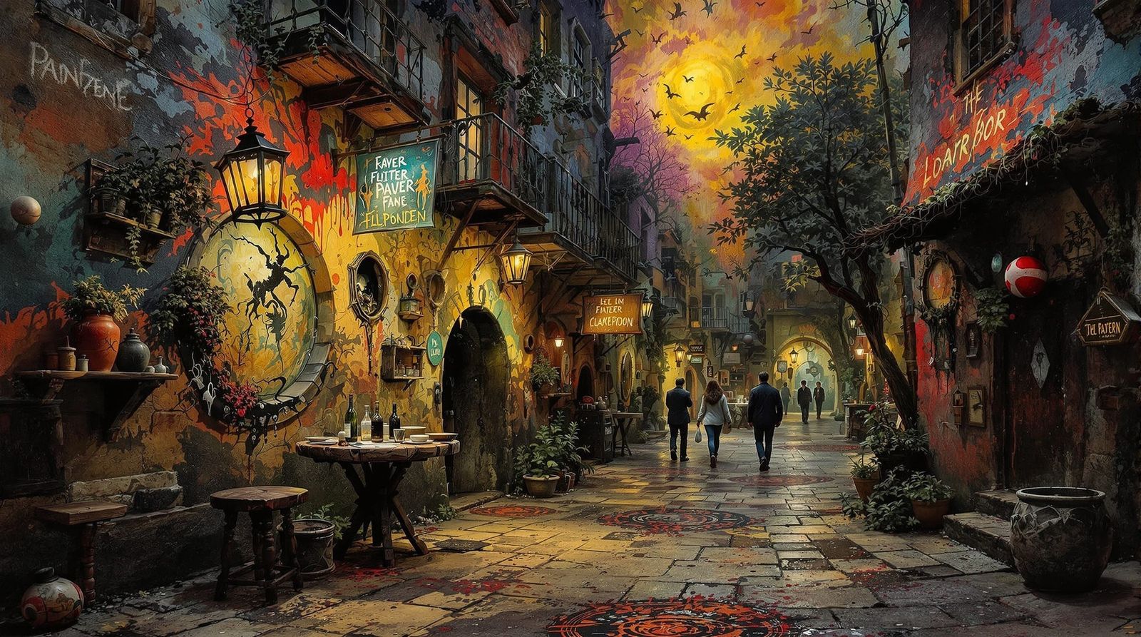 Psychedelic Tavern in Alleyway as Surreal Mixed Media Painti...