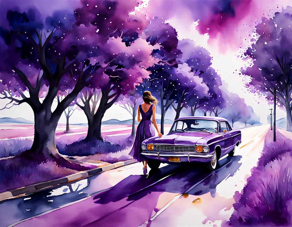 Purple Dreamscape: Girl, Car and Landscape in Watercolor