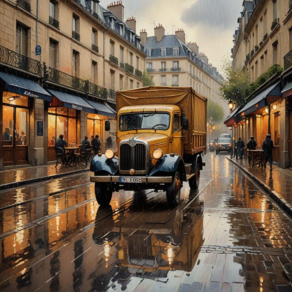Vintage French Truck in Rainy Parisian Evening
