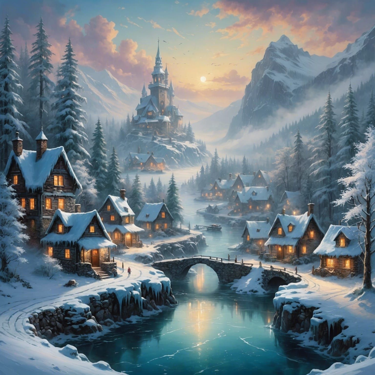 Frozen Village in Winter Forest: Ethereal Fantasy