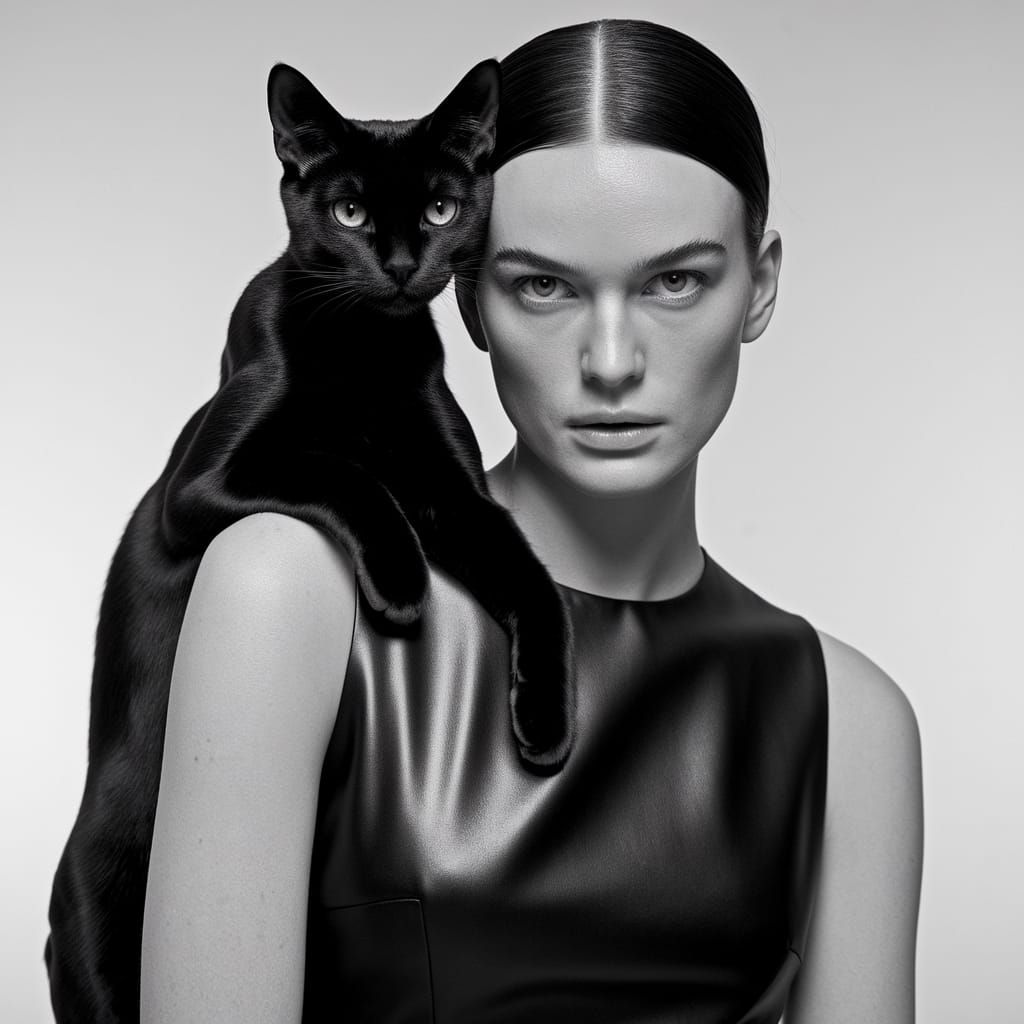 Sleek Cat and Woman Share Intense Gaze in Black and White Po...