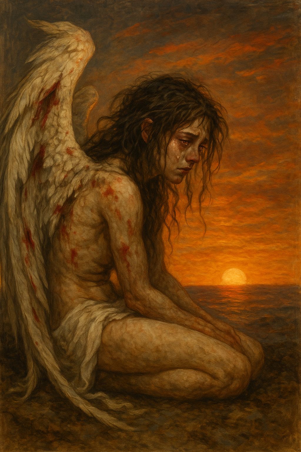 Broken Angel in Despair Facing the Sunset