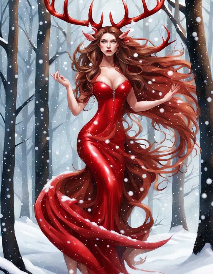 Winter Forest: Woman-Deer Hybrid in Red Latex