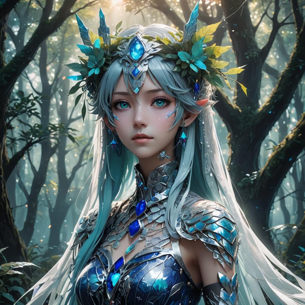 Anime Portrait of Veiled Woman in Mystical Forest