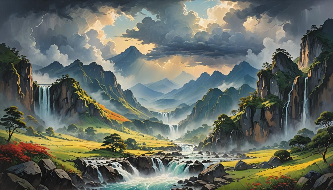 Breathtaking Mountain Landscape with Waterfalls as Oil Paint...