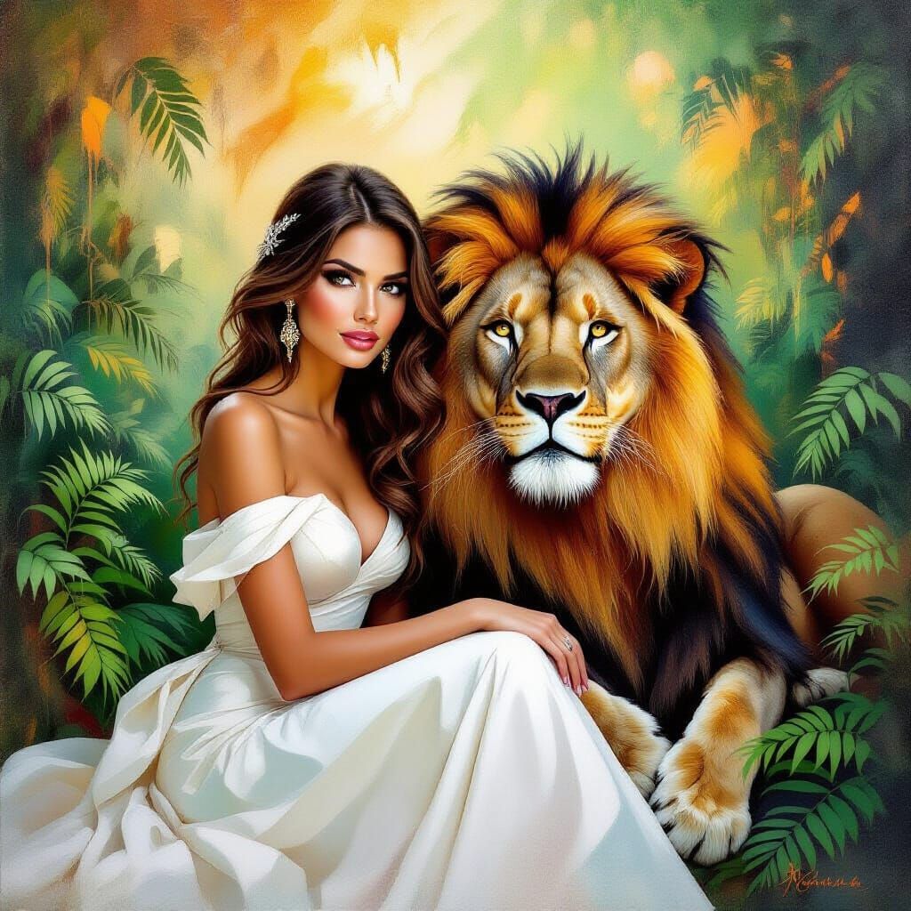 Woman with Lion in Dreamlike Abstract Landscape