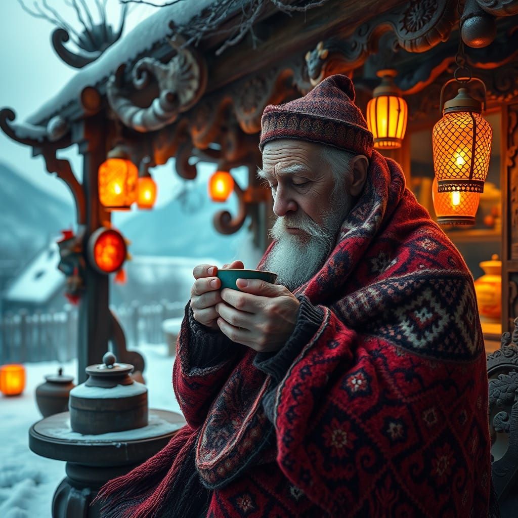 Ethereal Winter Scene of a Cozy Tea Stall