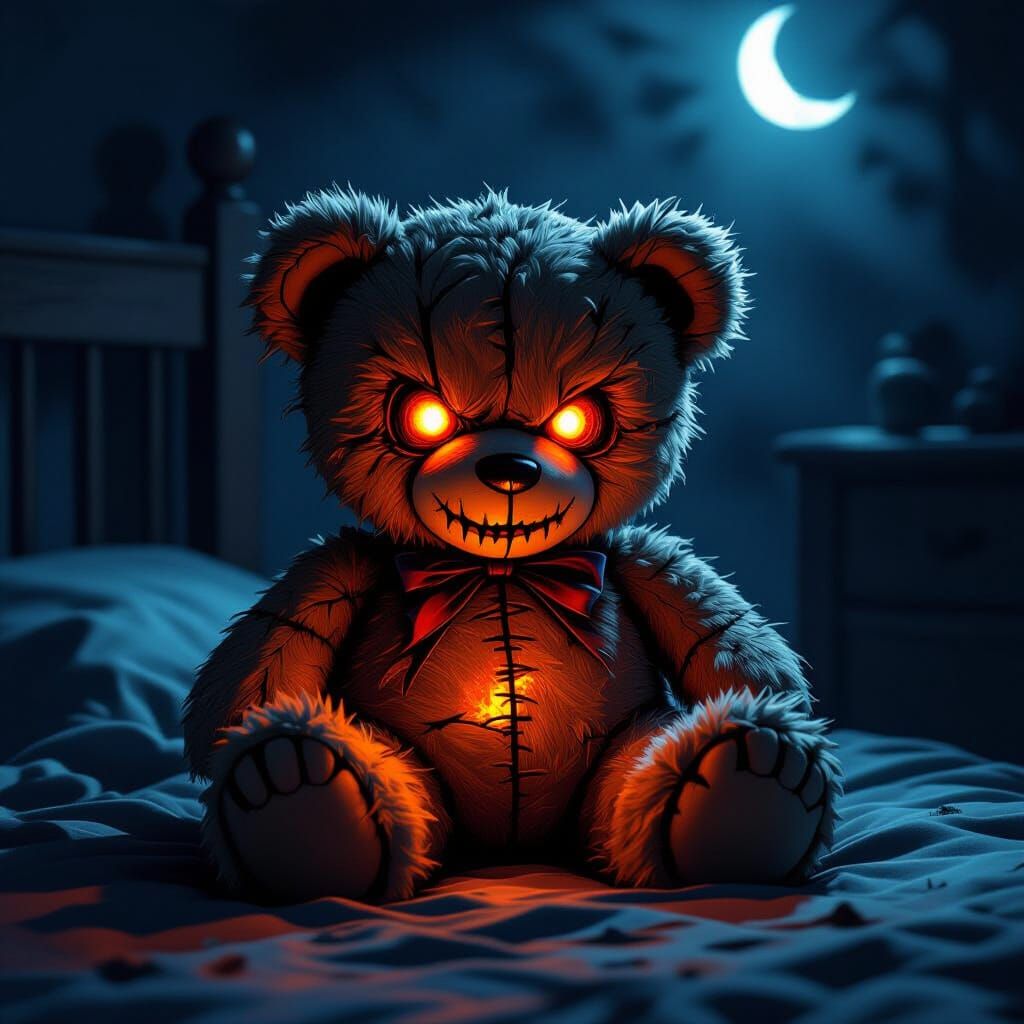 Sinister Teddy Bear with Glowing Embers, Dark Fantasy Art