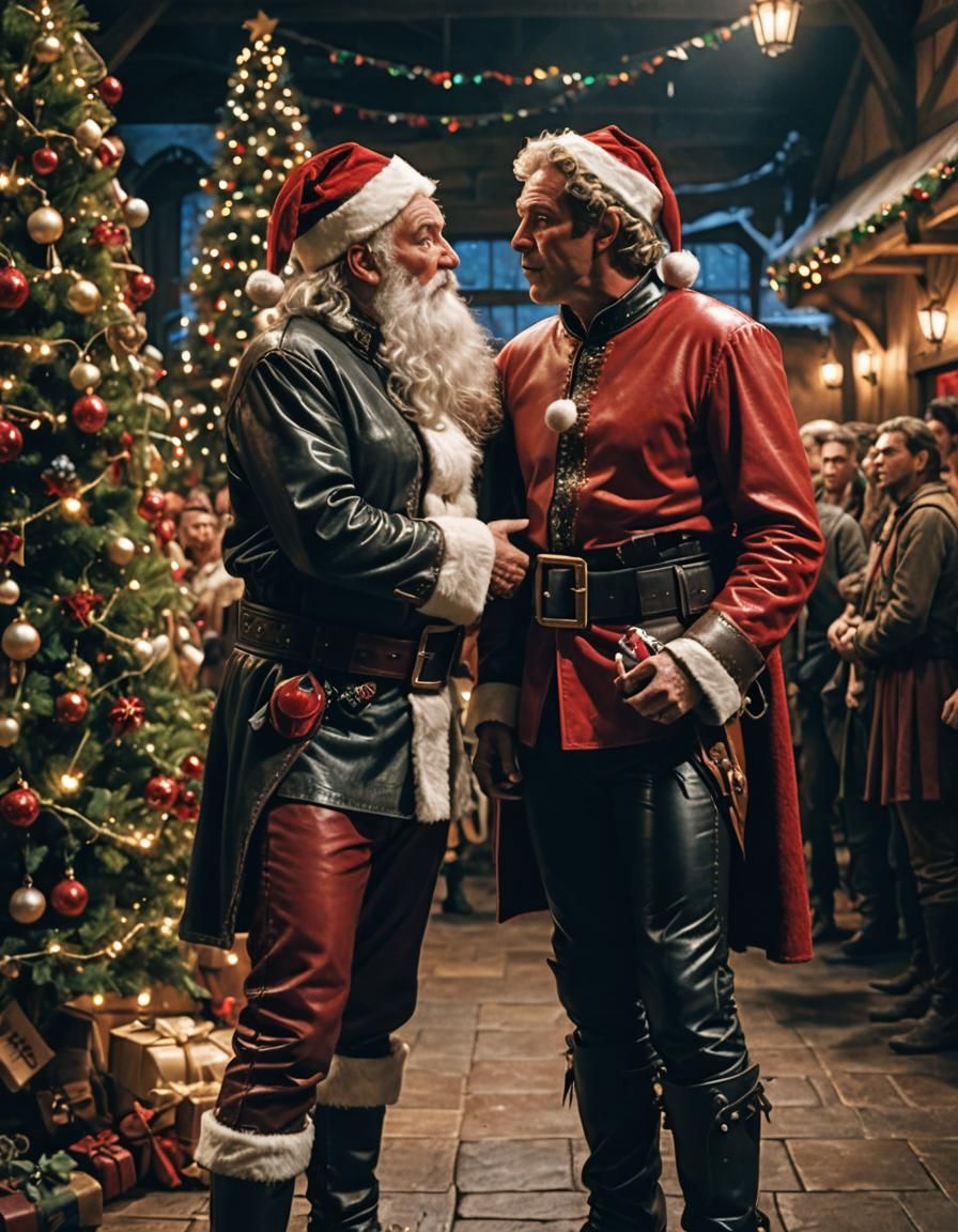 A shirtless in shape Santa Clause dressed in leather chaps k...