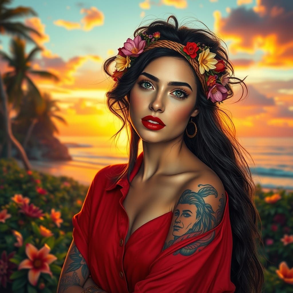 A striking woman, long, wavy dark headband with wildflowers, red lips, showcasing vibrant tattoos on her arms. She wears...