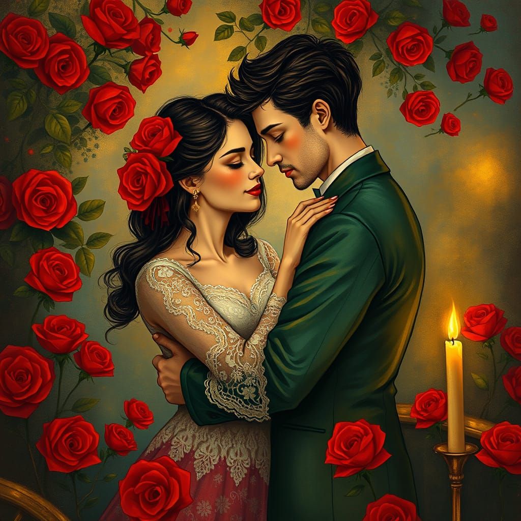 Romantic Couple in a Whimsical Garden of Roses