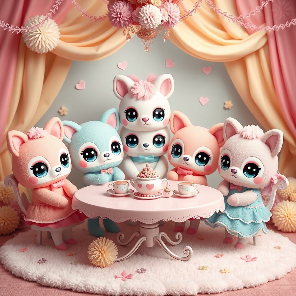 Pastel Kawaii Animals at Tea Party