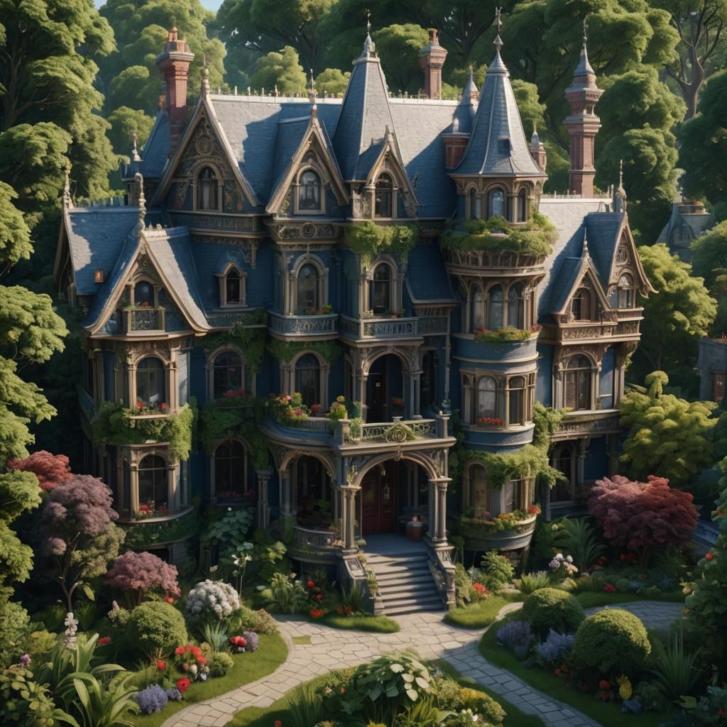 Victorian Mansion with Lush Garden in Detailed Matte Paintin...