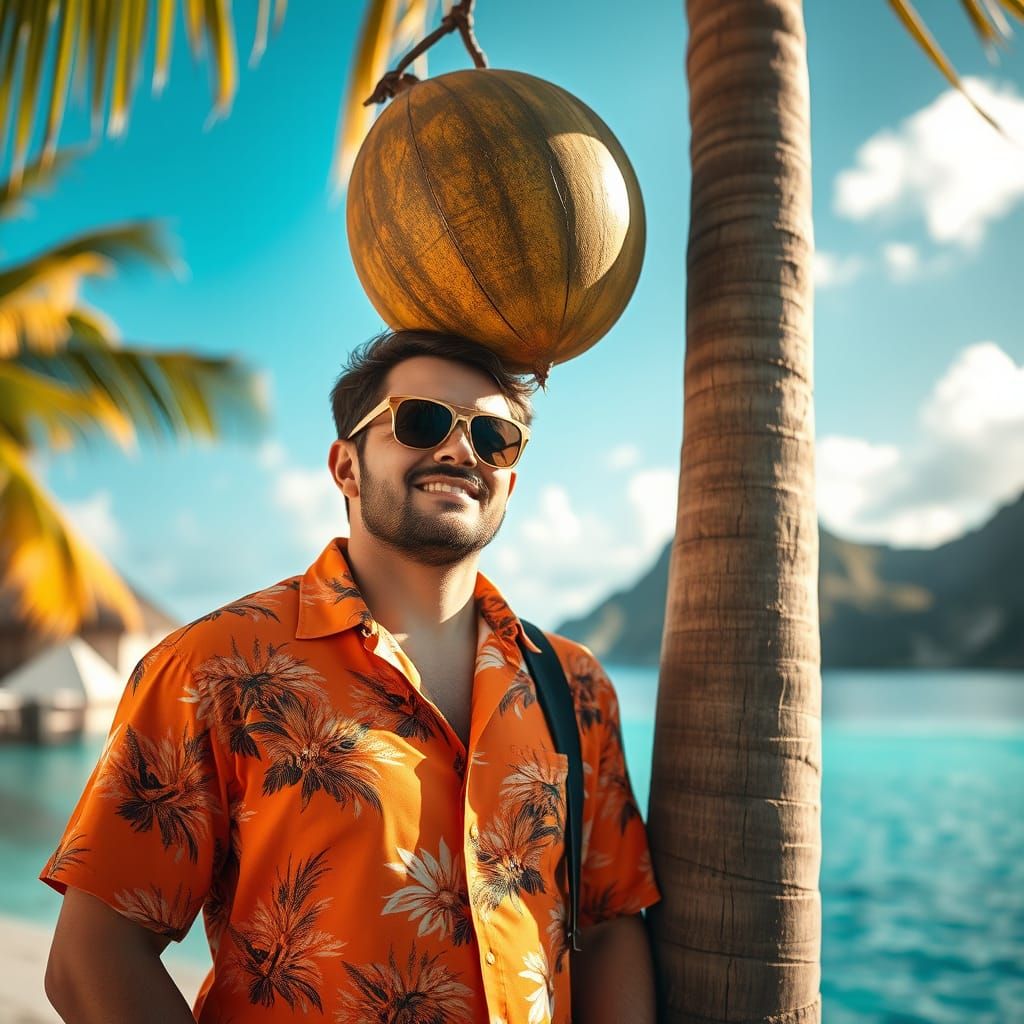 Moorea Tourist Under Coconut Palm: Digital Art
