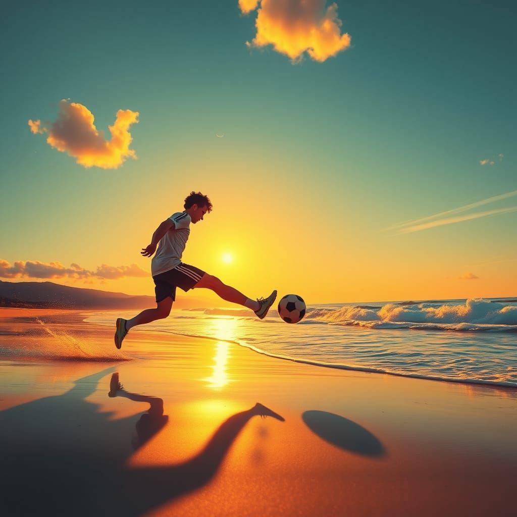 Soccer Player on Beach at Sunset, Vivid Colors