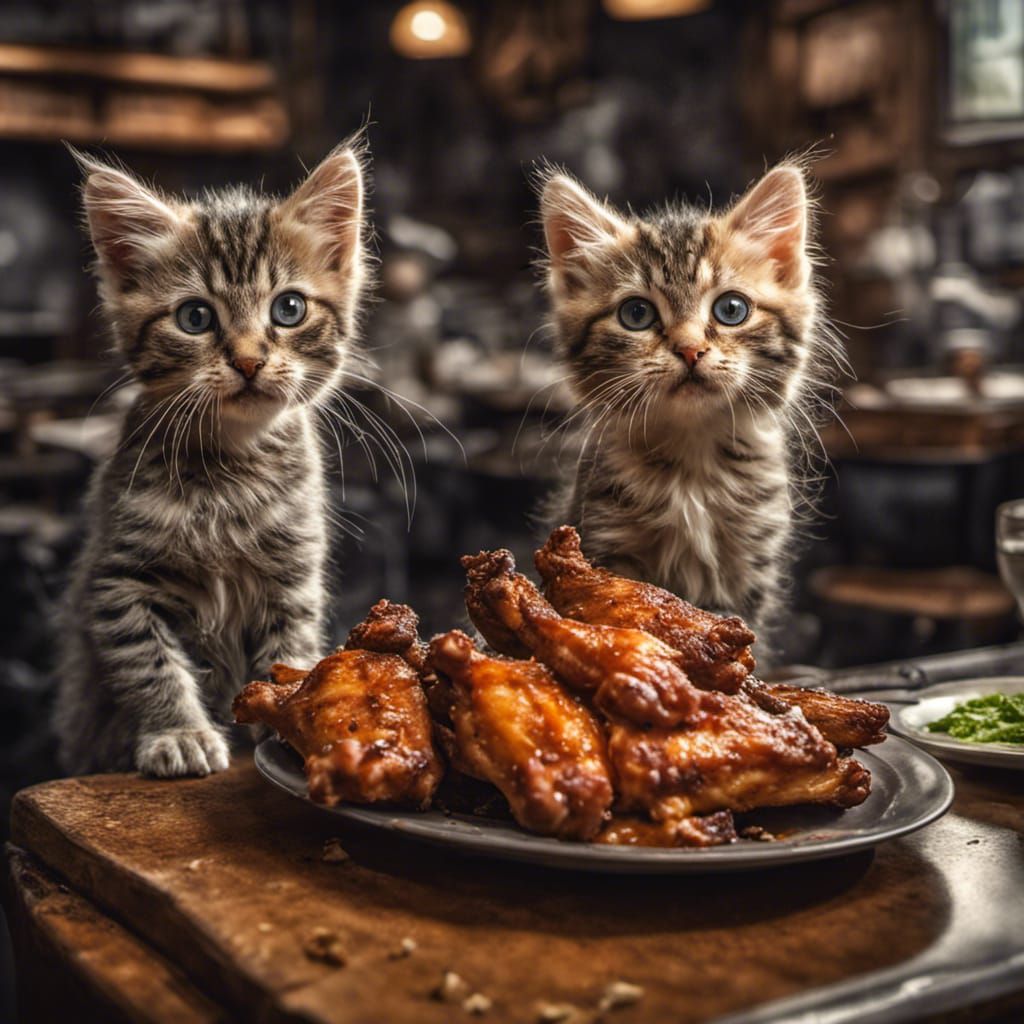 Hyperrealistic Kittens Cook Chicken Wings in Restaurant