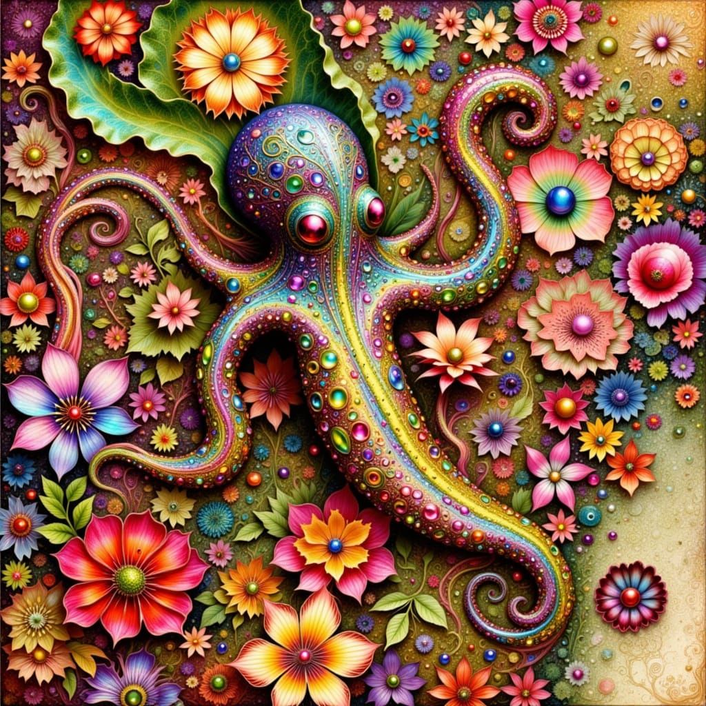 Adorable Floral Octopus as Flower with Rainbow Petal Tentacl...