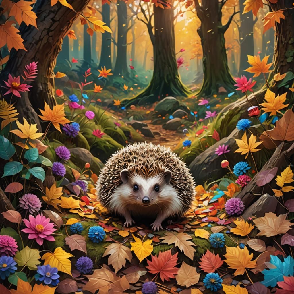 Hedgehog in Autumn Collage Art Forest