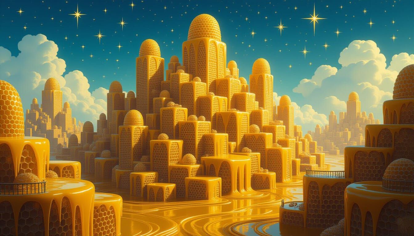 Ancient Honey City With Syrup Rivers and Sugar Stars