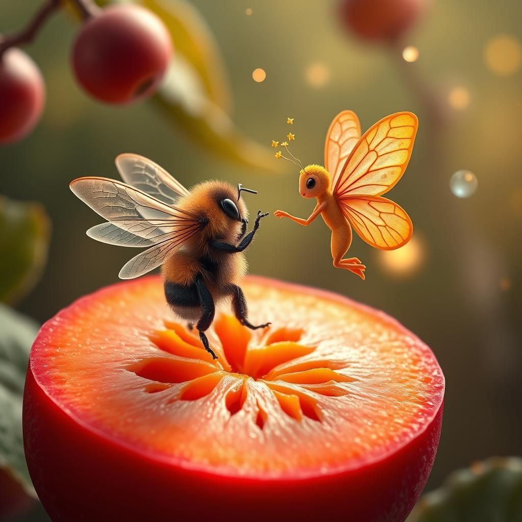 Bumblebee and Fairy Duet Among Floating Fruit