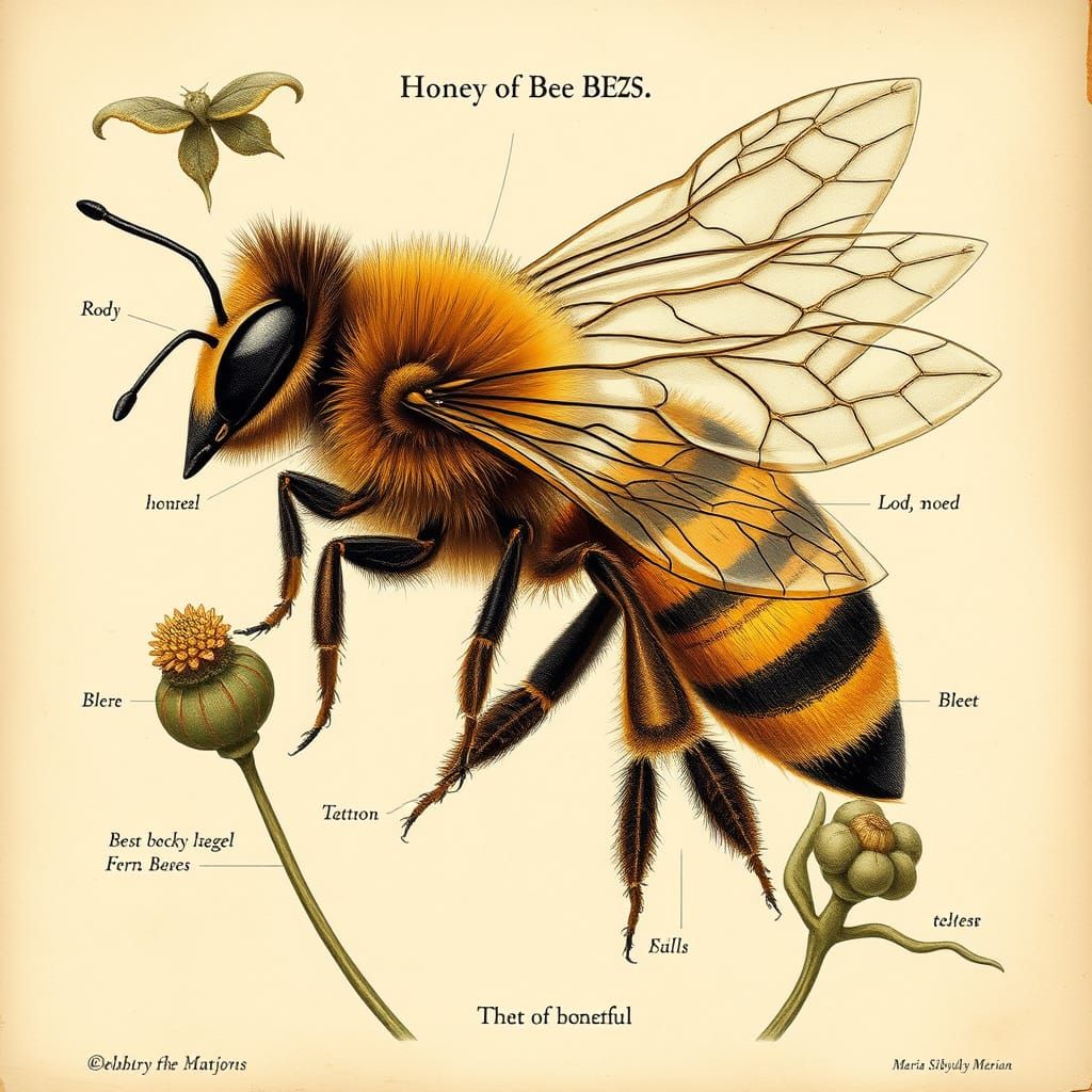 Detailed Antique-Style Honey Bee Illustration with Labeled P...