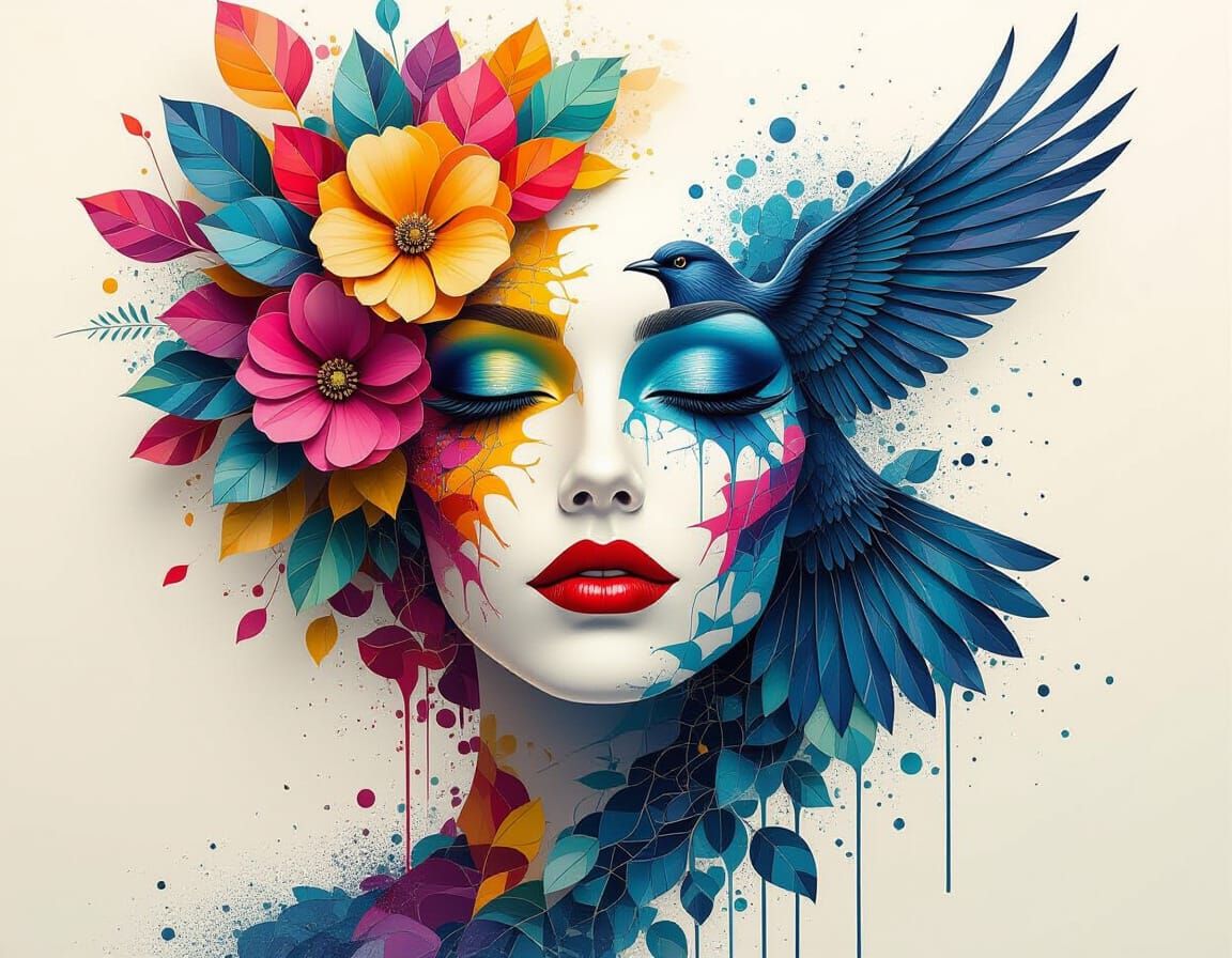 Abstract Mosaic Face with Bird of Knowledge