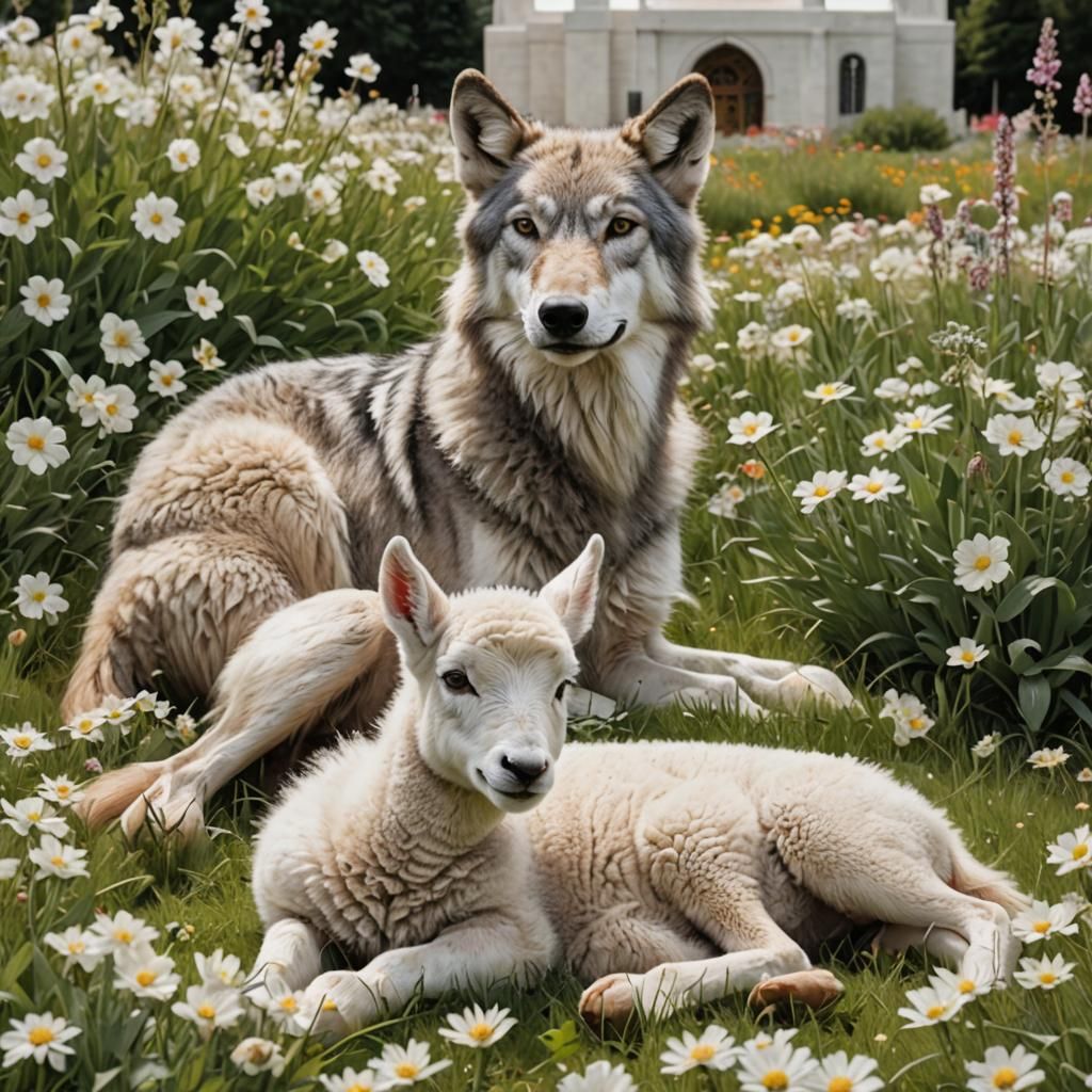Wolf and Lamb: Peaceful Meadow Scene