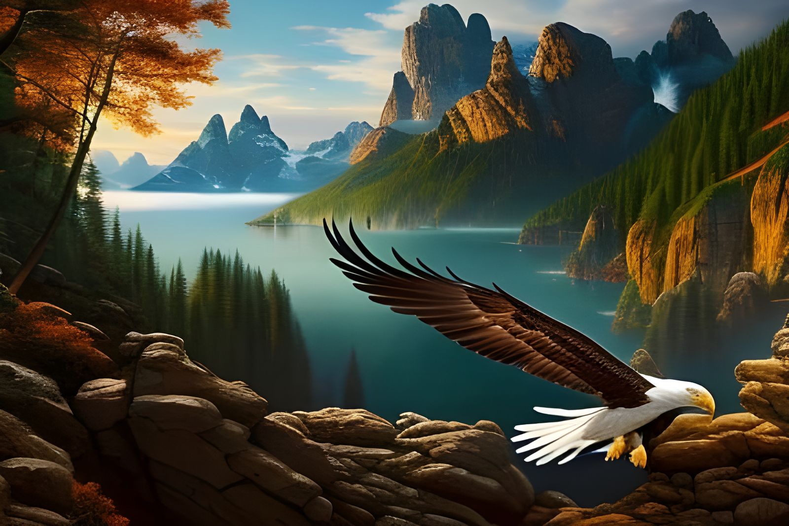 Eagle Soaring Over Rocky Mountains, Digital Matte Painting