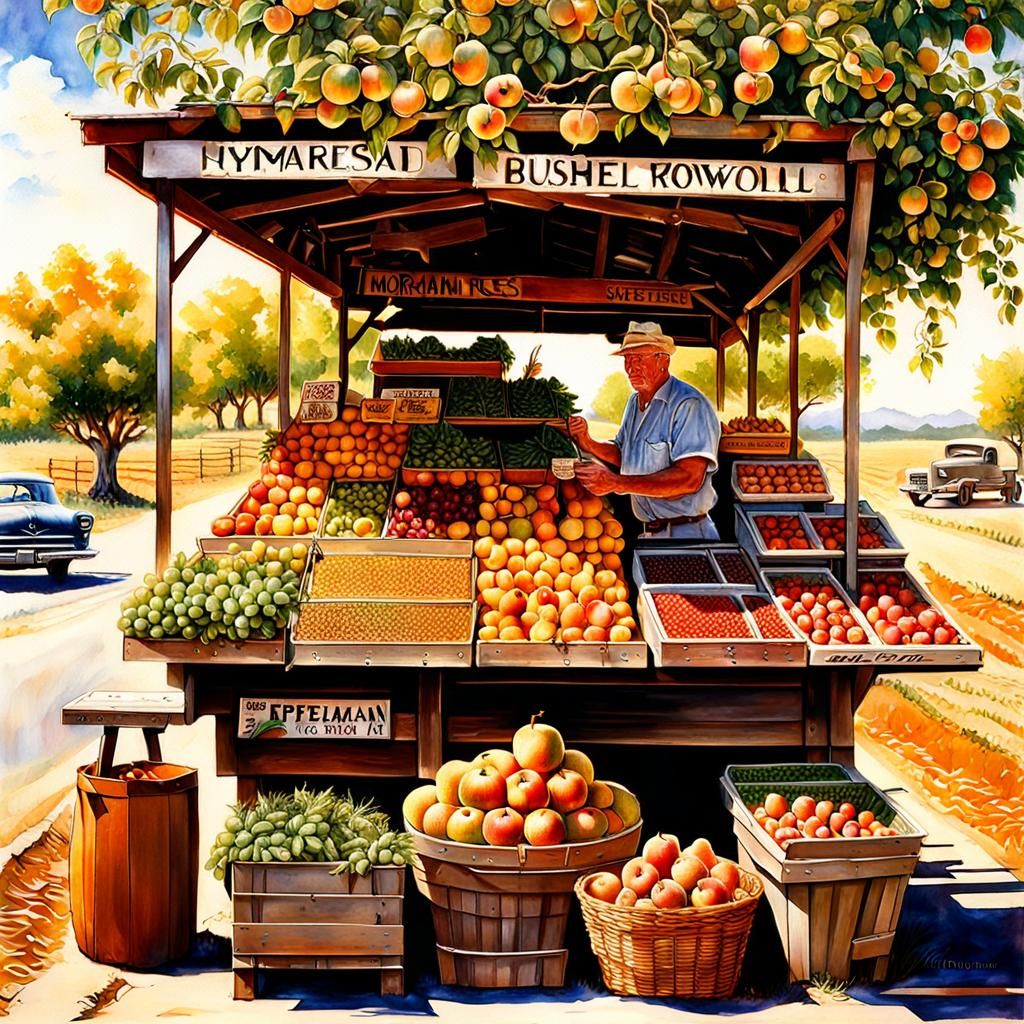 Hyperdetailed Fruit Stand Illustration in Rockwell Style