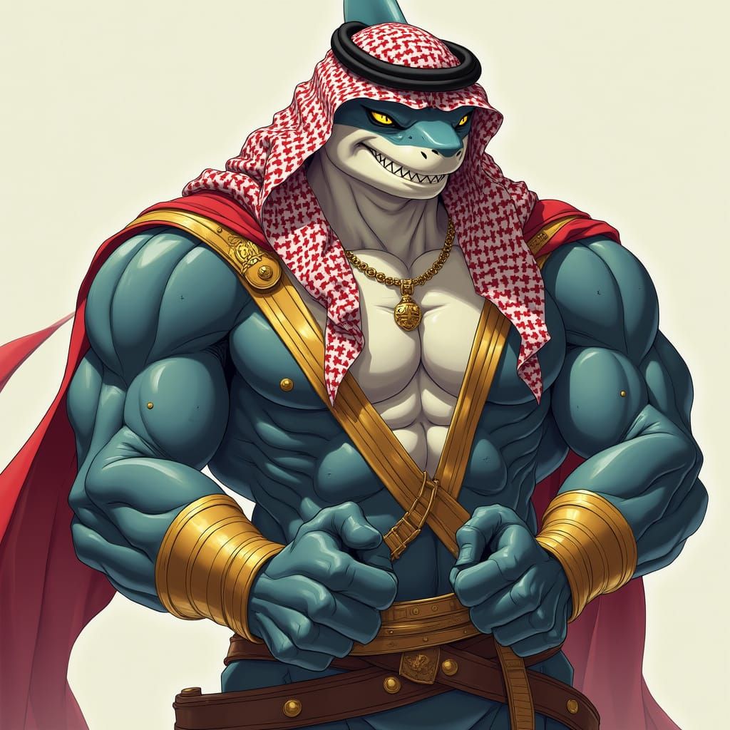 Anime Shark in Arab Biker Attire, Exuding Power and Confiden...