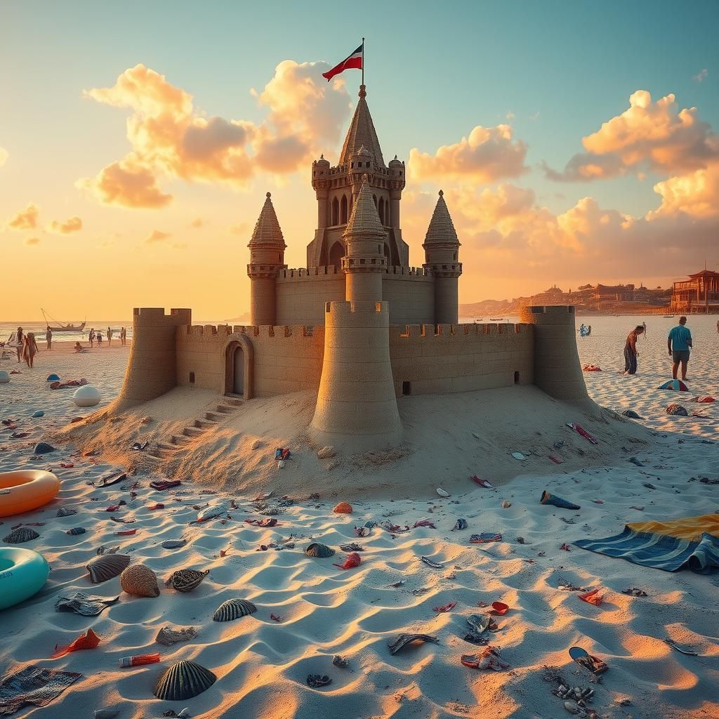 Majestic Sandcastle on Bustling Beach at Sunset