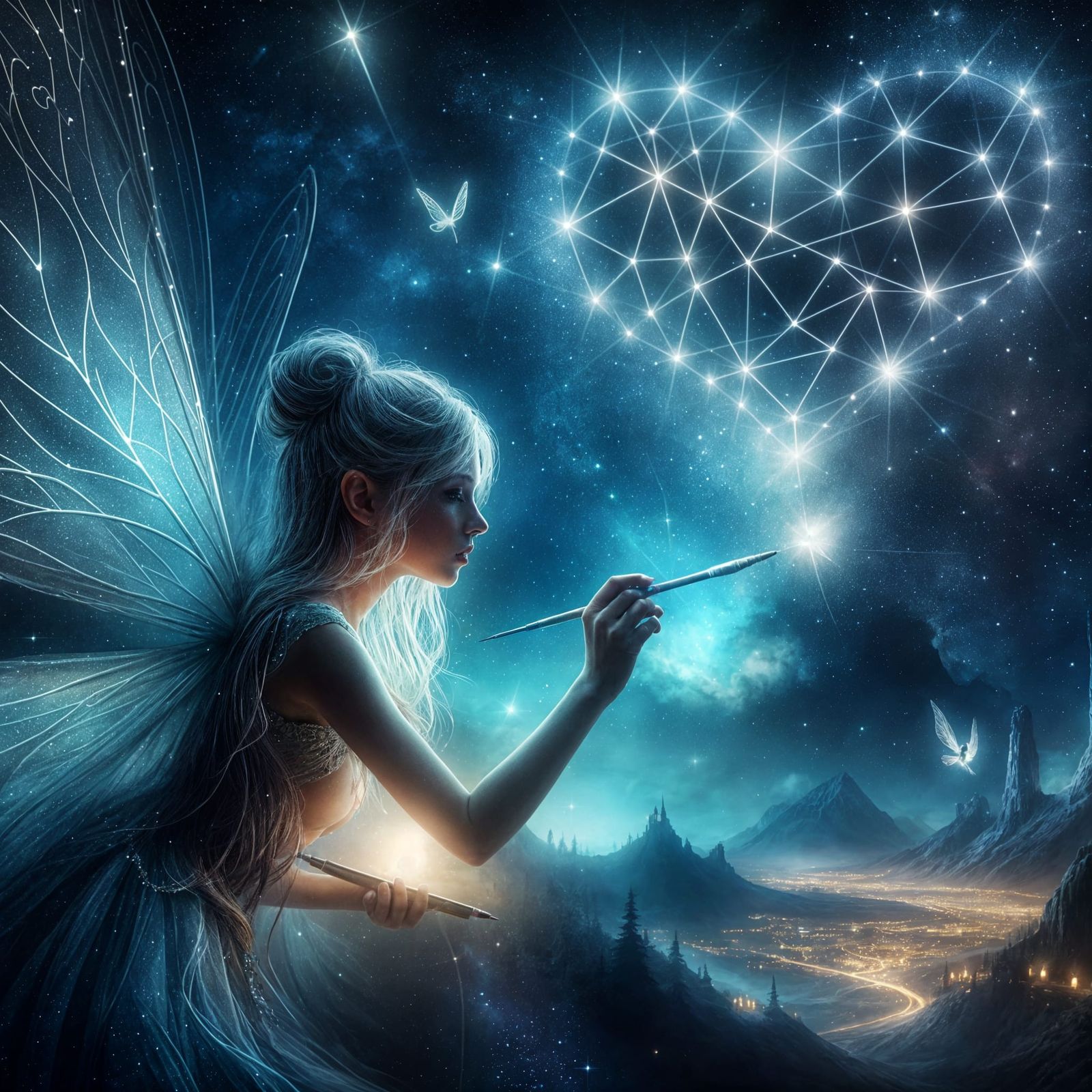 Fairy Creates Heart Constellation in Fantasy Sky