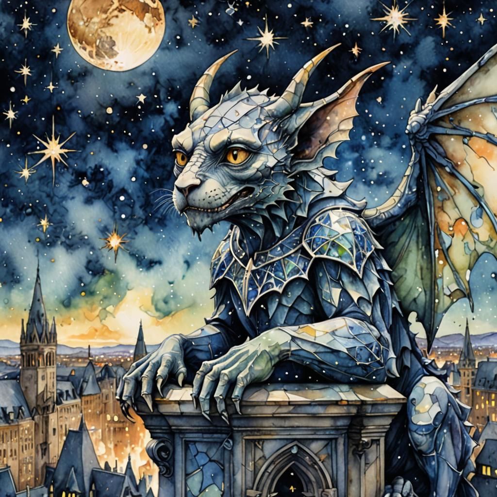 Watercolor Gargoyle Under Starry Night Sky