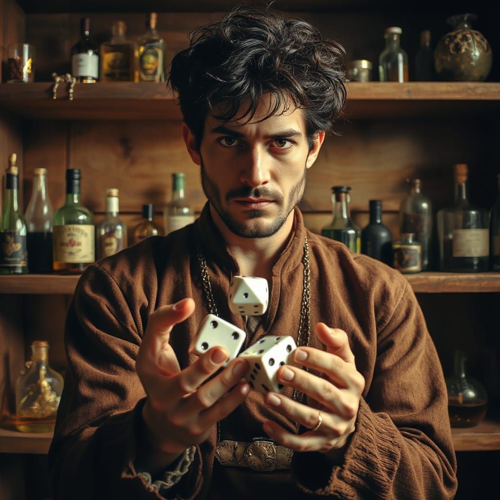 Medieval Fantasy Gentleman Holds Dice with Mysterious Bottle...