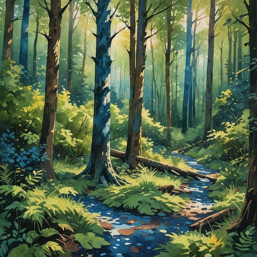 Harmonious Gouache Forest Scene with Animals and Humans