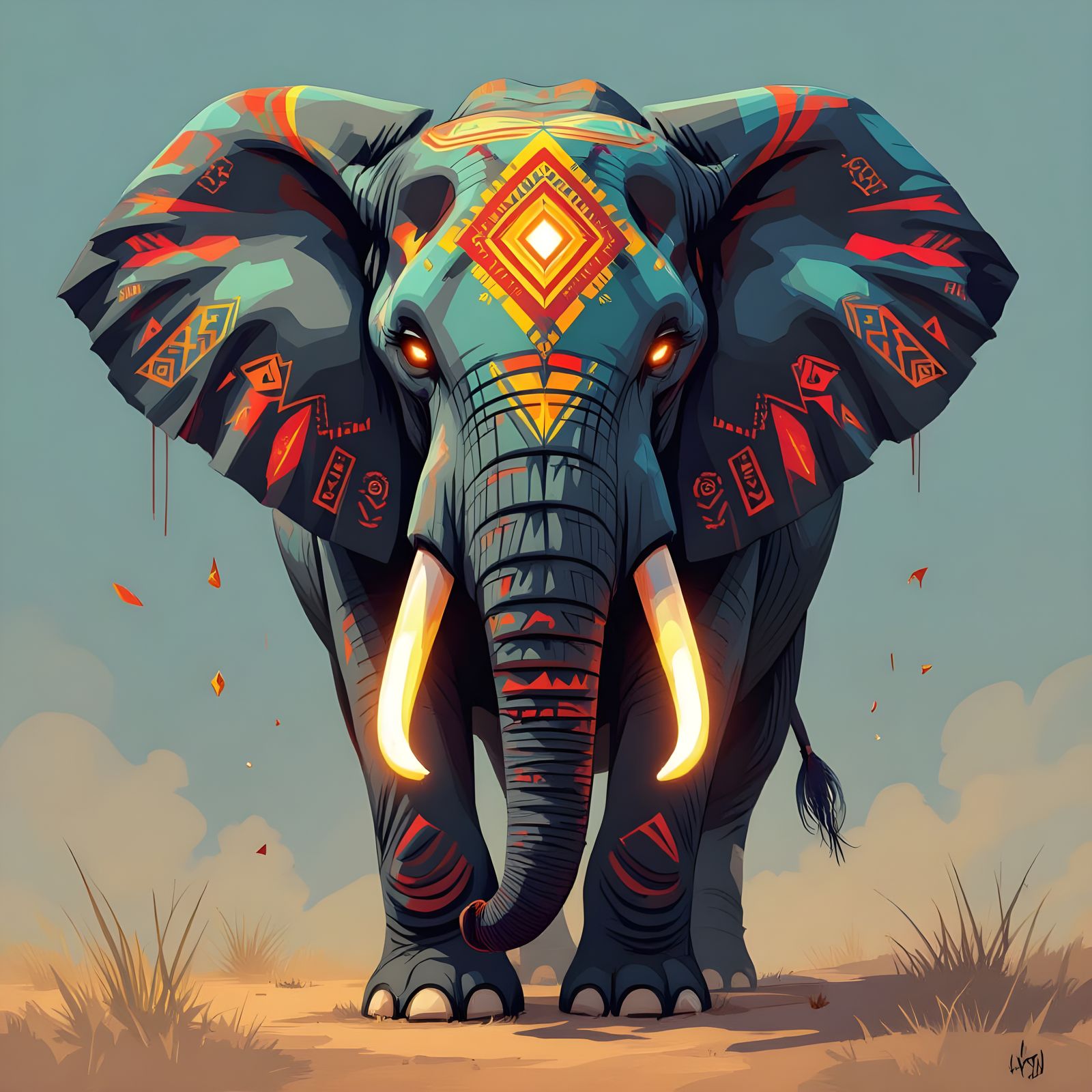 Elephant Spirit with Tribal Paint and Glowing Tusks
