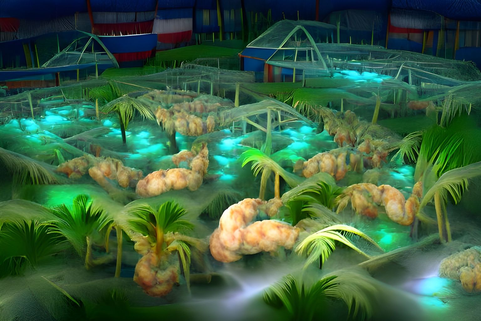 Tropical Lagoon Shrimp Farm with Volumetric Lighting