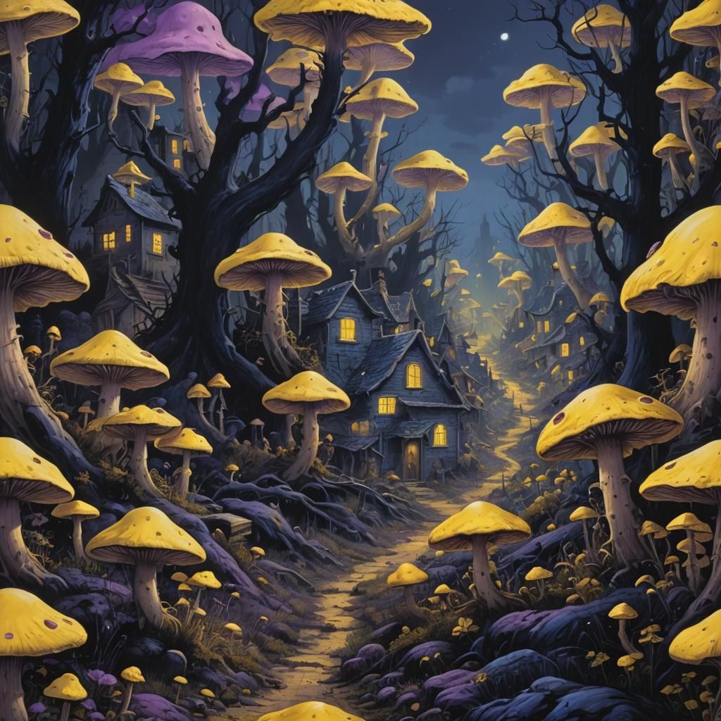 Eerie Fluorescent Mushroom Village at Night