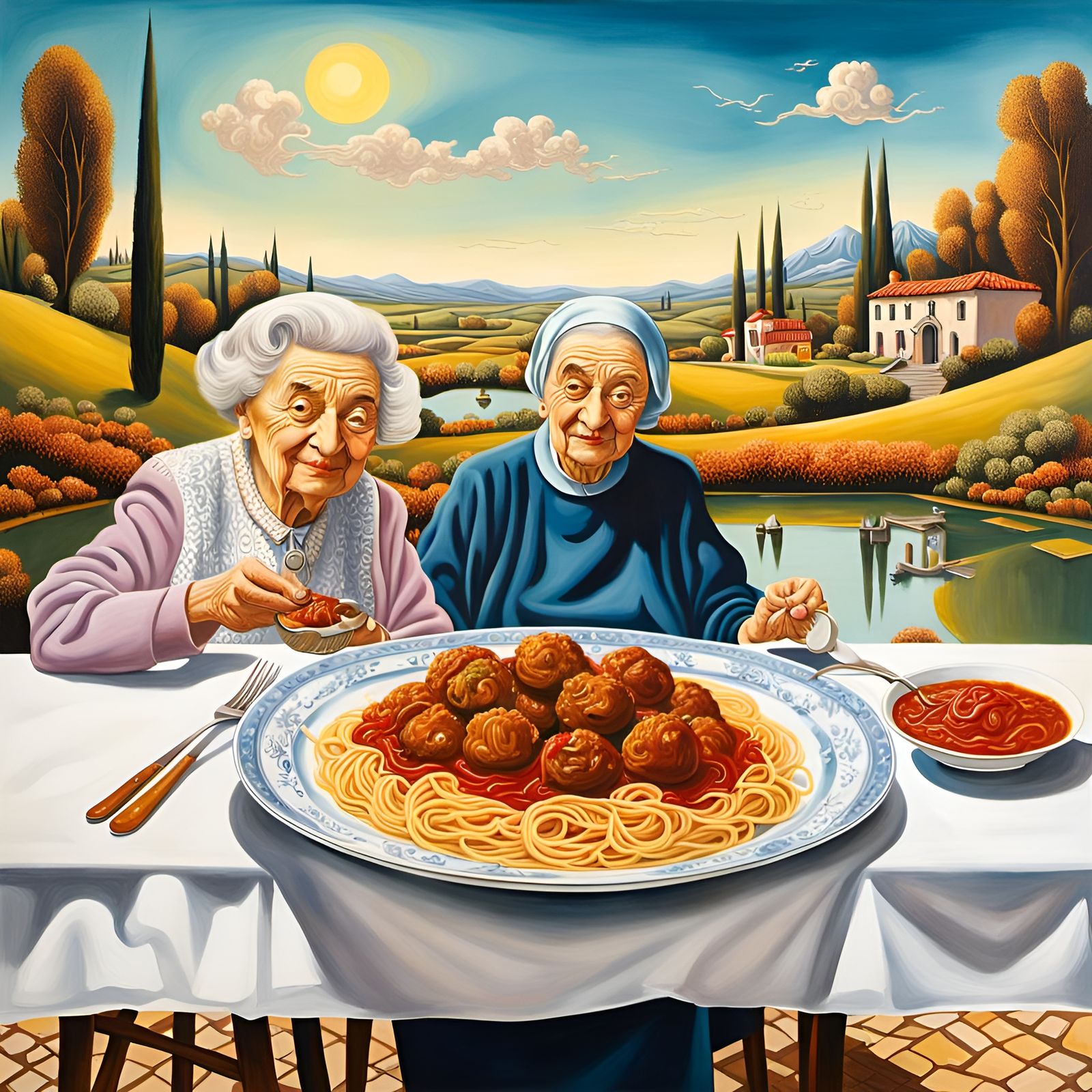 Surreal Spaghetti Feast by Pond, Dali Style