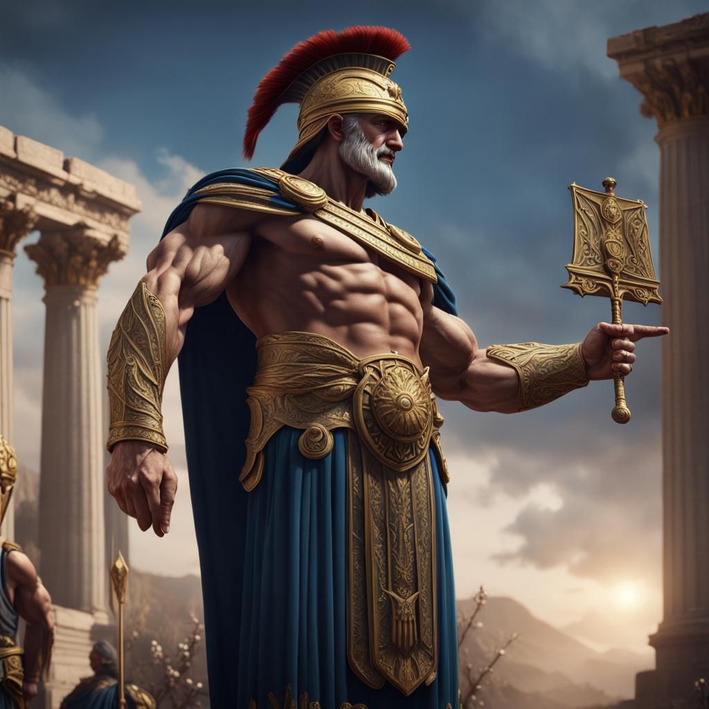 Muscular Greek Emperor Commands, Detailed Matte Painting